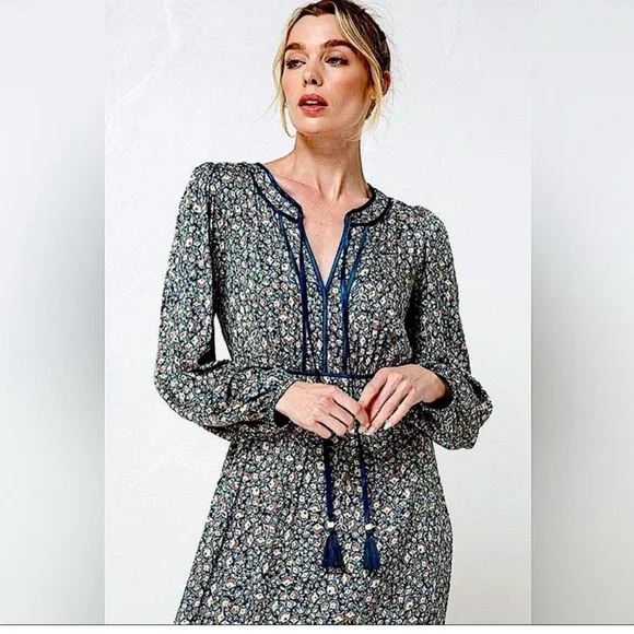 Boho Floral Maxi Dress | Teal Emerald Long Sleeve Ruffle Hem Tassel Dress - Picture 4 of 5